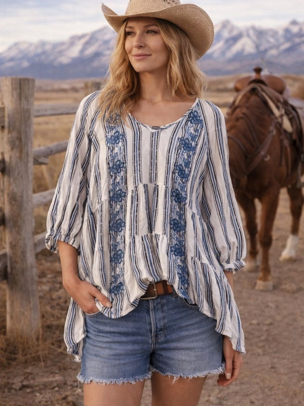 Cupio Blue and White Striped Embroidered Tunic Top